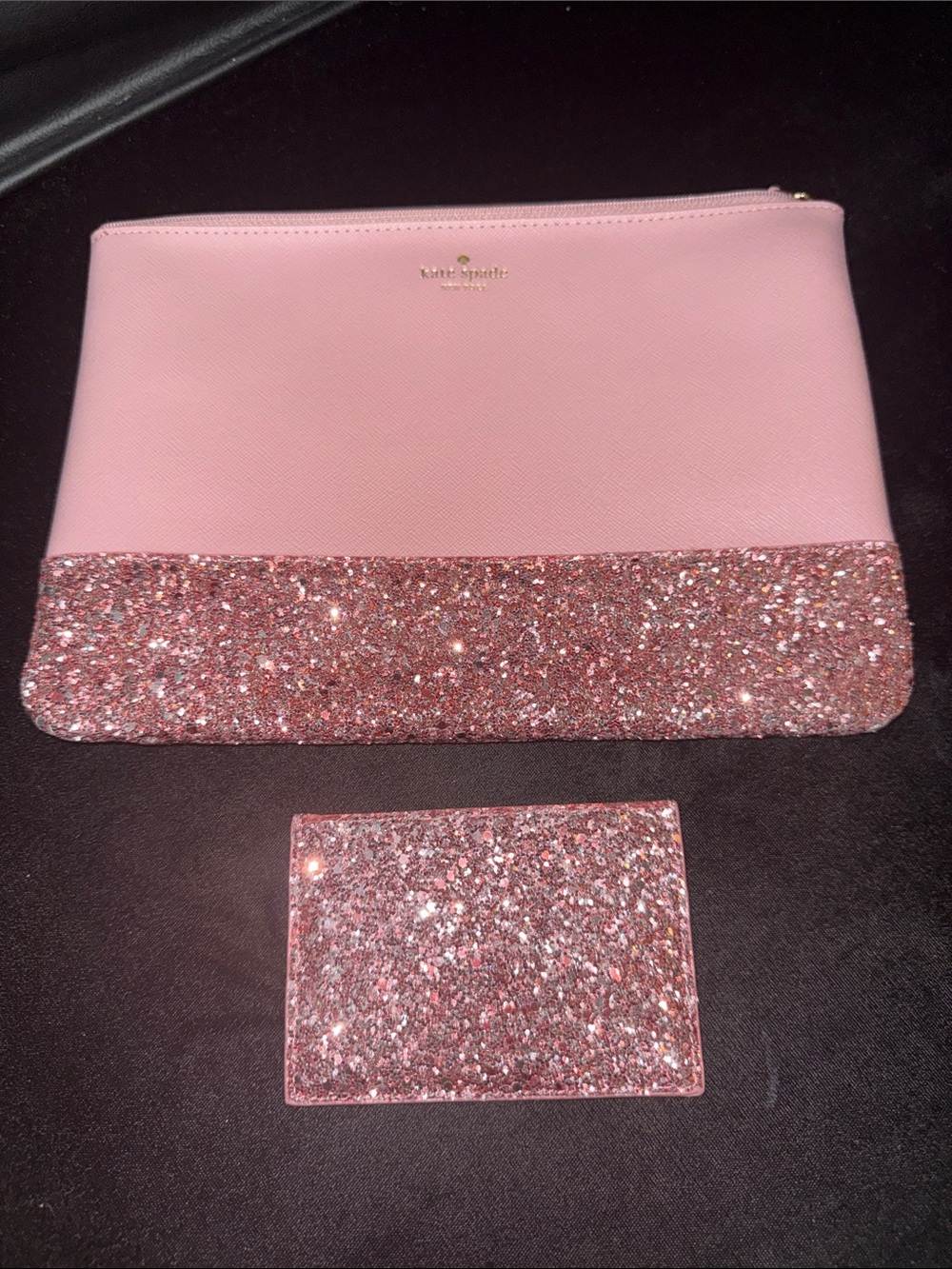 Kate Spade large portfolio rose pink glitter-trim wristlet pouch with